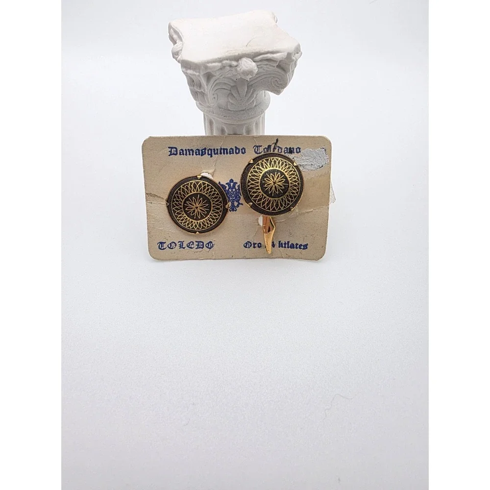 Vintage TOLEDO Cufflinks 24k Yellow Gold Spain Damasquinado Toledano Diamond Cut